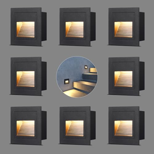 VivaLet Lampada LED Segnapasso da Incasso 8 Pezzi 3W 300LM, Luci Per Scale da Parete Per Esterni 230V 3000K, IP65 Scatola da Incasso 68 mm, 85 X 85 mm, Applique Alluminio Nero