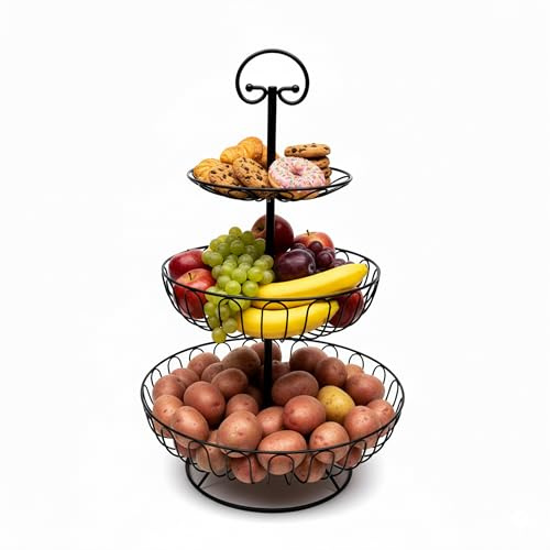 Relaxdays Présentoir à fruits, 3 étages, métal, H x P : 47 x 30 cm, fruits, légumes, avec poignée, corbeille ronde, noir