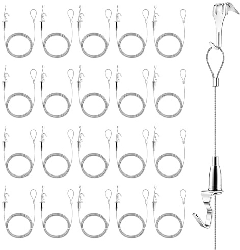 Colgadores para Cuadros, Juego de 20 Piezas de Alambre Colgante con Gancho de Vía Cable de Acero de 2 m x Ø1,5 mm y Ganchos de Suspensión Ajustables para Colgar Cuadros Pinturas Fotos