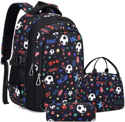 Kimwadalh Pojkar skolryggsäck skolväska set för ungdomar skolväska barnryggsäckar bokväska mellanskola grundskola tonåring ryggsäck för resor vandring camping, Liten fotboll svart, Ryggsäck för barn