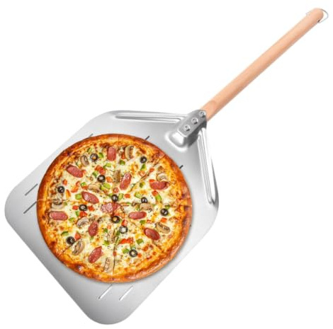 Genérico Cáscara de pizza de acero inoxidable de 12 pulgadas – Pala de pizza perforada con mango de madera extraíble, paleta de pizzas de borde extra fino para horno, parrilla de barbacoa
