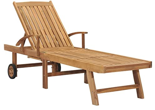 Holepyr Solstol av massivt trä teak, trädgårdsfåtölj med 2 hjul, 4 fack justerbart ryggstöd, 195 x 59,5 cm, för terrass, pool, balkong och utomhus