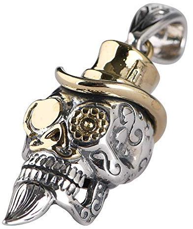 Two Tone 925 Sterling Silver Beard Skull Pendant with Golden Hat and Glasses Gothic Jewellery for Men Women