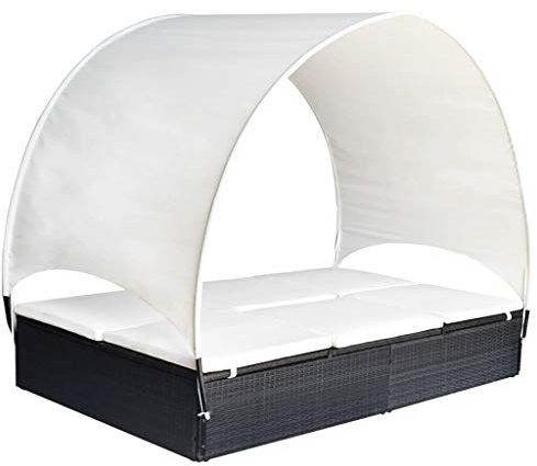 ZQQLVOO Double Sun Lounger with Canopy Poly Rattan Black,Sun Loungers Recliners Outdoor Garden Chair Camping, for Lawn,Balcony,Pool,Courtyard,Garden