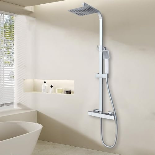 HAPAOSO Colonne de douche à température constante réglable en hauteur 800-1200 mm, colonne de douche carrée chromée, système de douche, douche anti-brûlure