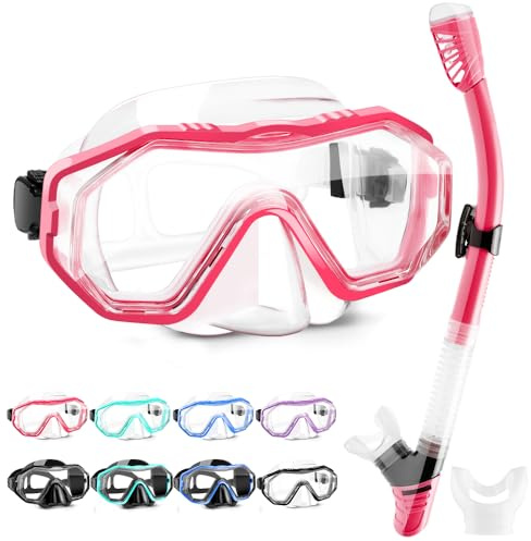 HINATAA Gafas de Buceo, 180° Antivaho Gafas de Snorkel y Antifugas Tubo de Esnórquel de Silicona, Anti UV Máscara de Buceo, Respiración Fácil Set de Snorkel para Adulto y Adolescentes (Rojo)