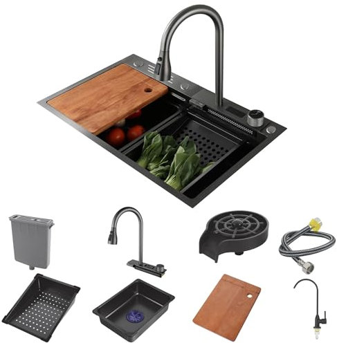 QLXYYFC Raindance-Wasserfall-Küchenspüle mit Digitalanzeige, Schwarzes Einzelbecken-Einbauwaschbecken sus Edelstahl, mit Ausziehbarem Wasserhahn und Druckspüler