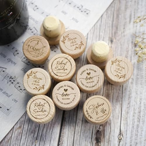 Tapones de corcho de vino de madera personalizados, tapón de corcho personalizado, ideas de fiesta de boda, recuerdos de agradecimiento para invitados, tapones de vino para boda (20 unidades)
