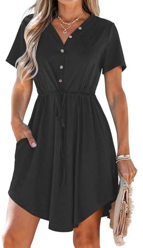 AUSELILY Summer Dresses for Women UK Casual V Neck Short Sleeve Drawstring Midi Dresses with Pockets Black L
