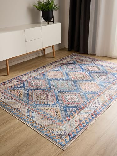 benuta Basic Waschbarer Teppich George - Blau 200x300 cm - Kunstfaser - Rechteckig & im Style: Vintage, Elegant, Retro - Pflegeleicht für Wohnzimmer Schlafzimmer