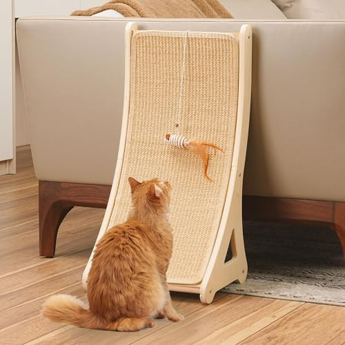 PETKARAY Curved Cat Scratcher, Sisal Kitty Scratching Ramp, L Shape Scratch Pad for Indoor Cats, 25.6 Furniture Protector with Mouse Toy