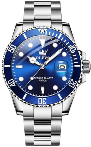 OLEVS Montre pour Homme en Argent, Grand Visage en Acier Inoxydable, Montre à Quartz Classique, Facile à Lire, Montre de Luxe pour Homme, Cadran Bleu 5885/bracelet en Argent, Standard