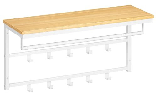 HOOBRO Wandgarderobe mit Ablage, Wandregal mit 10 Haken und Stangen, Wandmontiertes Hängeregal, 80 x 30 x 42 cm, für Wohnzimmer, Schlafzimmer, Badezimmer, Weiß und Natürliche Holzfarbe EWN12YM01