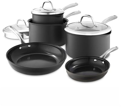 Good Food in Partnership with Tower Hard Anodised 5 Piece Cookware Set with Saucepans and Frying Pans, Tempered Glass Lids, 10x Stronger Ceramic Non-Stick Coating, Induction Compatible, Grey
