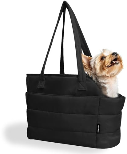 STRAODTIC Lightweight Dog Purse Carrier for Small Dogs Under 15 lbs, Puffy Quilted Pet Carrier Tote for Puppies with Safety Leash Clip, Women's Hands-Free Dog Carrier Bag for Travel/Shopping (Black)