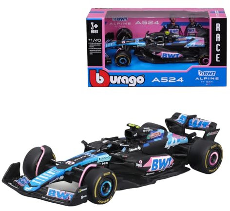 Bburago Formel 1 Alpine A524 Japan-Version (2024): Modellauto im Maßstab 1:43, Sondermodell, von Fahrer #10 Pierre Gasly, Window Box, 12,5 cm, blau pink (18-38219G1)