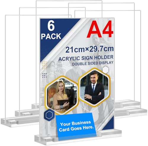 Arrobust Tischaufsteller A4 mit Visitenkartenhalter, 6 Stück Preisschilder Aufsteller Tischständer Doppelseitiger Vertikaler Acryl T-Ständer für Fotorahmen, Heim, Büro, Speisekarte, Messe (A4-6pack)
