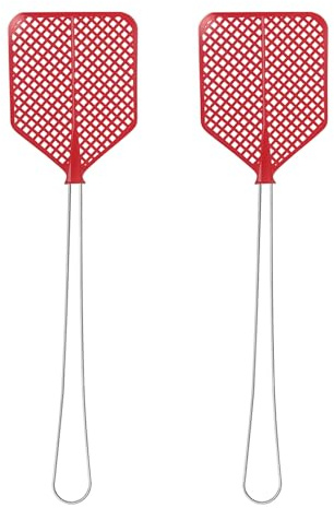 LifeChic 43 cm manuell flugsmällare - järnhandtag, flexibel röd plastskopa - flugsmällare för inomhus- och utomhusbruk - mot flugor, myggor och flygande insekter - 2-pack