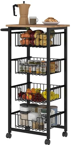 HOMCOM 4-Tier Kitchen Island on Wheels, Rolling Kitchen Storage Trolley with 4 Pull-Out Mesh Baskets, Mobile Utility Serving Cart, Oak
