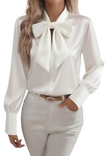 HAOLEI Satin Blouse for Women UK 2025 - Ladies Satin Silk Shirts Elegant Vintage Long Sleeve Bow Tie Neck Shirts Going Out Casual Smart Business Work Office Tops White