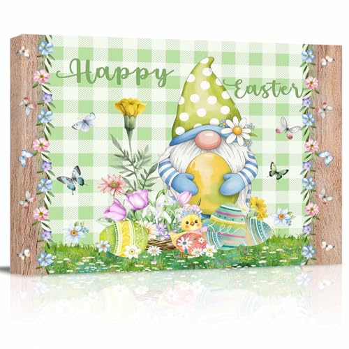 Shine-Home Easter Wall Art for Living Room/Bedroom, Gnomes Flowers Duck Eggs Green Lattice Wooden Canvas Bathroom Decor Wall Art Kitchen Office Framed Wood Oil Painting Picture, 16x20