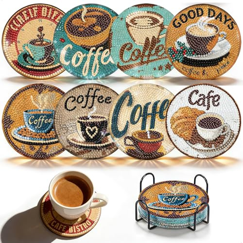 chituodian Diamond Painting Untersetzer mit Halter, 8 Stück Kaffee Diamant Painting Untersetzer, 5D DIY Coffee Diamond Rutschfest Getränke für Anfänger, Erwachsene & Kinder