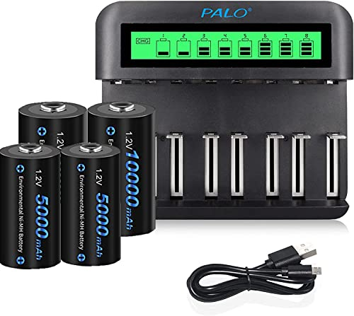 CITYORK Cargador LCD AA AAA C D que incluye 2 pilas NiMH de 5000 mAh C + 2 pilas NiMH de 10000 mAh D - Batería de alto rendimiento y juego de carga