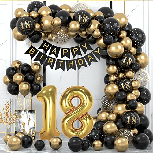 18 Años Decoracion Cumpleaños, Globos 18 Cumpleaños Niño, Decoraciones Fiesta Oro Negro 18er Globos cumpleaños con Pancarta Feliz para niño y niña Dfiesta de cumpleaño 18 Años Decoracione
