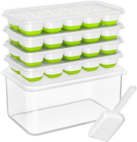 DOQAUS Ice Cube Tray with Lid and Bin - 4 Pack Silicone Ice Cube Trays for Freezer, Stackable Ice Bucket Kits with Storage Container & Scoop for Kitchen, RV, Cocktail, Coffee
