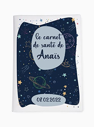Protège carnet de santé personnalisé, idée cadeau personnalisable bébé, cadeau naissance original, Housse carnet de santé Espace - CL0050a (Blanc)