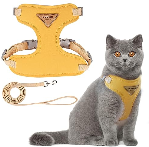 Katzengeschirr, Verstellbares Katzengeschirr Ausbruchsicher，Katzengeschirr mit Leine Ausbruchsicher, Premium Welpengeschirr mit Weich, für Kleine Tiere Verstellbar Brustgeschirr, Gelb, M