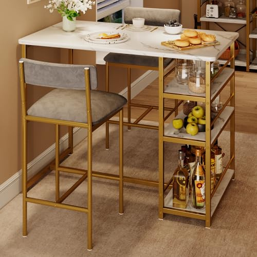 IDEALHOUSE Dining Table Set for 2, Counter Height Kitchen Table and Chairs, Bar Table Set with 2 Velvet Bar Stools, 3 Piece Dining Room Table Set for Small Space, Apartment, Gray Gold White