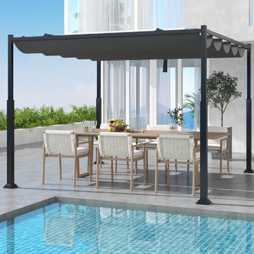 TANGZON 310 x 310 cm Large Garden Pergola, Outdoor Metal Canopy with Retractable Sunshade Roof & Sturdy Pillars, Veranda Beach Courtyard BBQ Terrace Grape Trellis Gazebo
