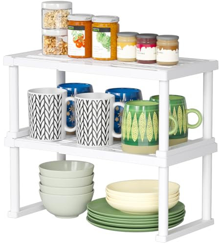 Lifewit Cupboard Shelf Organiser, Expandable Countertop Kitchen Shelves, Plastic Shelf Riser for Pantry Kitchen Storage and Spice Rack, Set of 2, White Cabinet