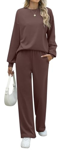 REORIA Women Cotton Lounge Wear Sets Crew Neck Tracksuit Set Two Piece Outfit Long Sleeve Top and Wide Leg Pants Co Ord Sets Coffee S