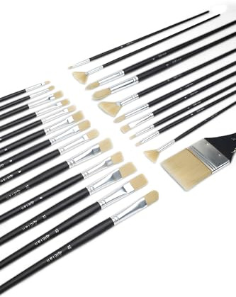 Elan Set di Pennelli per Dipingere, 24 Pezzi a Manico Lungo Setole Sintetiche tipo di Maiale, Angolati, Bright, a Ventaglio, Filbert, Piatti e Tondi