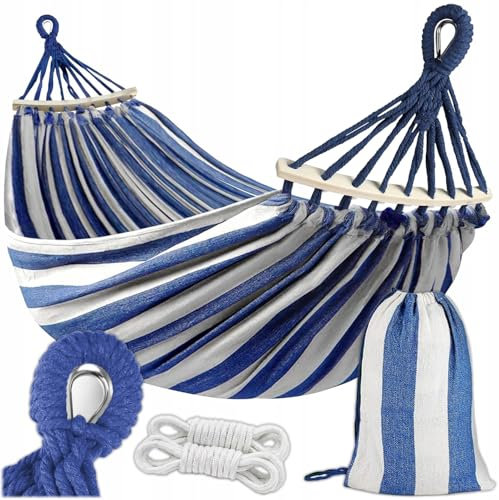 KRUMAD Hängematte 260 cm, Belastbar bis 250 kg, Wetterfest, Baumwoll-Polyester, für Garten, Balkon, Camping, mit Holzstreben & Tragetasche (Blau-Weiß, Ohne Gestell)
