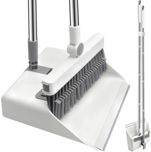 Roellgs Broom and Dustpan and Brush Set | Long Handled with Comb Teeth | Upright Sweeping | Combo for Home Kitchen Room Office Lobby Floor (white)