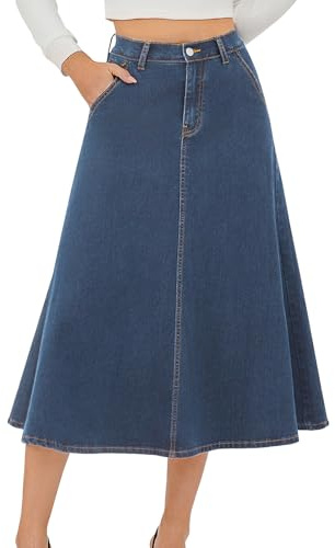 HUSKARY Jean Skrits for Women Denim Long Stretchy High Waisted Trendy 2025 A Line Midi Blue Skirt with Pockets