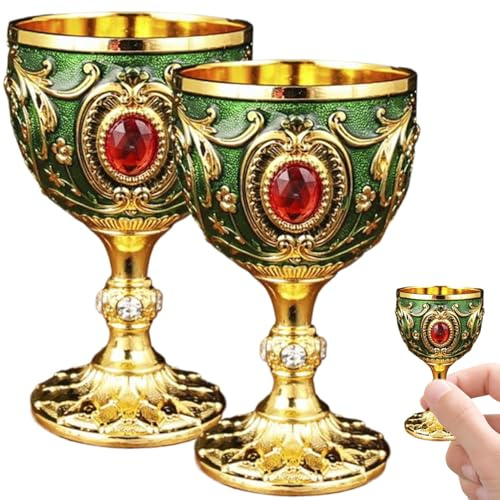 Gcroet vinbägare uppsättning av 2 lyxiga och vintage vinglas 30 ml legeringsbägare med strass snidade polerade europeiska bägare för fest, middag, bankett, guld + grön.