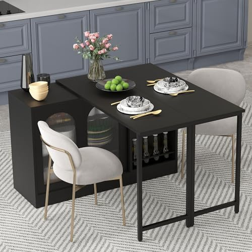 KecDuey Mesa de bar moderna, extensible, giratoria 360°, con espacio de almacenamiento, mesa de comedor reversible con puerta de armario de cristal, mesa de bar para cocina, muebles de bar (negro)