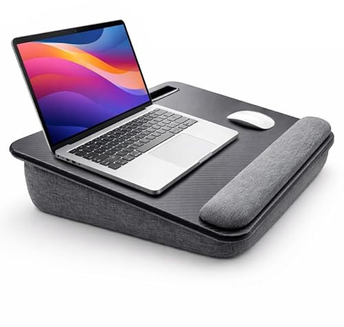Portable Laptop Tray | Wood Table with Cushioned Bottom | Slot for Phone iPad Tablet | Lightweight Laptop Stand for Comfortable Work Home Office, Sofa, Bed | Wrist Cushion