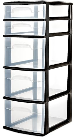 HOMZ Drawer Tower, 5-Tier Clear Plastic Storage Organizer Unit, Black Frame - Tall Multi-Purpose Drawers for Dresser, Bedroom, Bathroom, Clothes, Cabinet, and Closet Organization