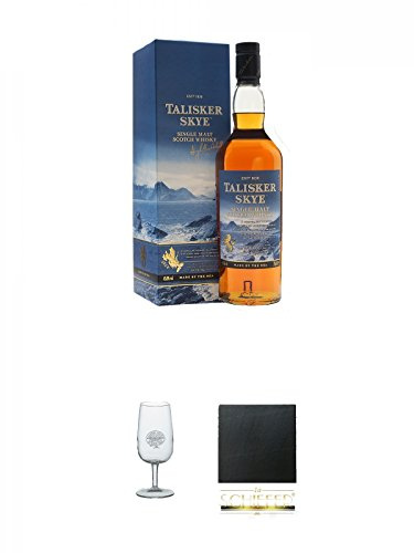 Talisker SKYE Single Malt Whisky 0,7 ltr. + Classic Malt Nosing Glas mit Aufschrift 1 Glas + Schiefer Glasuntersetzer eckig ca. 9,5 cm Durchmesser