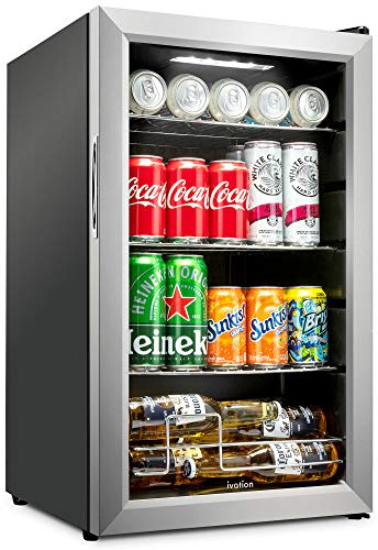 Ivation 101 Can Beverage Refrigerator | Freestanding Ultra Cool Mini Drink Fridge | Beer, Cocktails, Soda, Juice Cooler for Home & Office | Reversible Glass Door & Adjustable Shelving, Stainless Steel