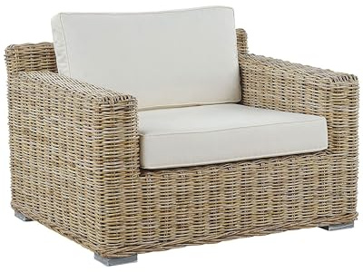 Beliani Modern Rattan Garden Armchair Wicker Chair with White Cushions Ardea
