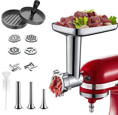 COFUN Accessorio Tritacarne per KitchenAid Robot da Cucina, con 4 piastre di macinazione 3 insaccatrici per salsicce 1 pressa per hamburger per Kitchen aid