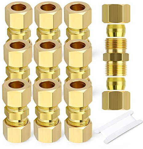 GASHER 10PCS Brass Compression Tube Pipe Fitting Connector, 5/16 Tube OD x 5/16 Tube OD Connector