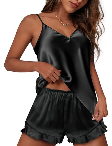 Ekouaer Pigiama da Donna Sexy in Raso Biancheria da Notte Estiva Pantaloncini Negligee,Nero,XL