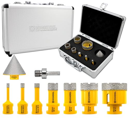 HIGHDRIL Trapano Diamantato Kit 9pezzi (6/8/10/20/25/35/50mm Punte per Trapano+50mm Trapano per Smussare+Adattatore) Seghe a Tazza per Piastrelle Ceramica Marmo Granito